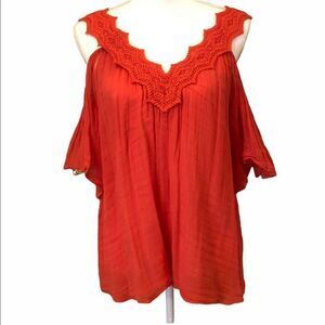 Love Sam Orange Cold Shoulder Deep Double V neck Cotton Gauze Bohemian T…